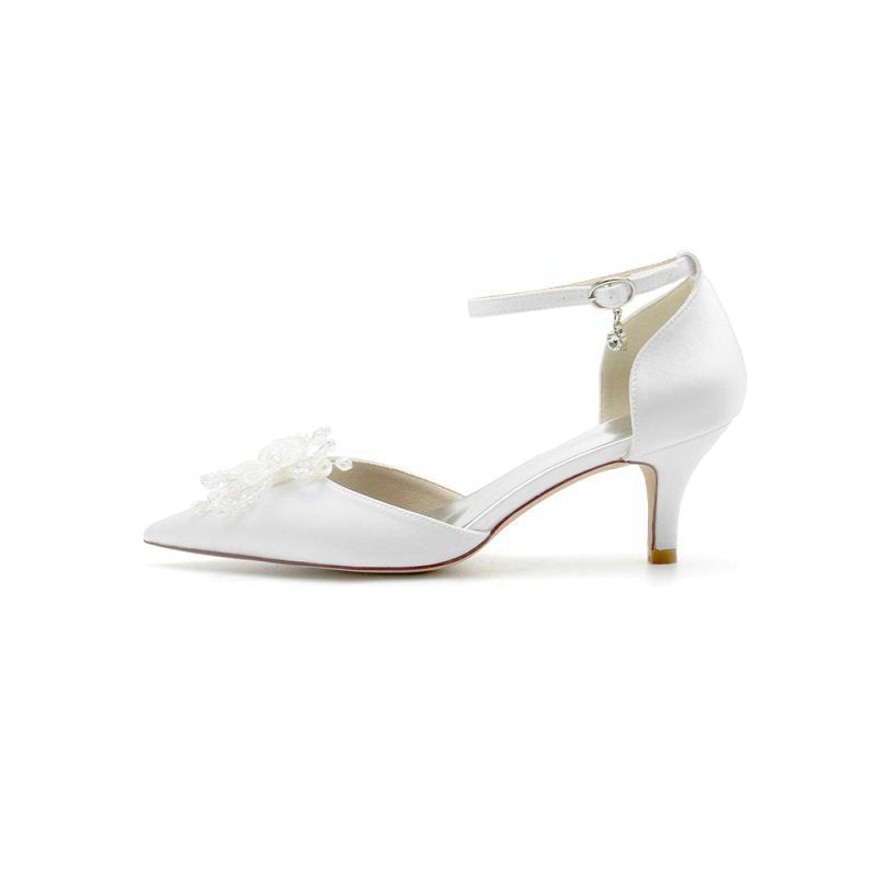 Floral Pointed Toe Beading Kitten Heels