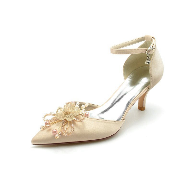 Floral Pointed Toe Beading Kitten Heels