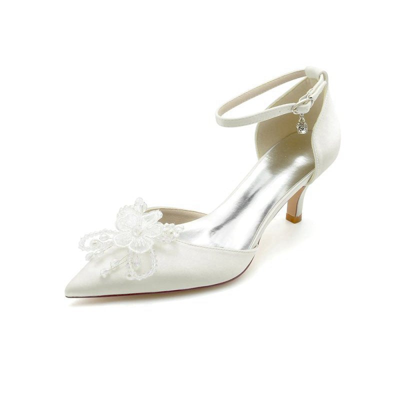 Floral Pointed Toe Beading Kitten Heels