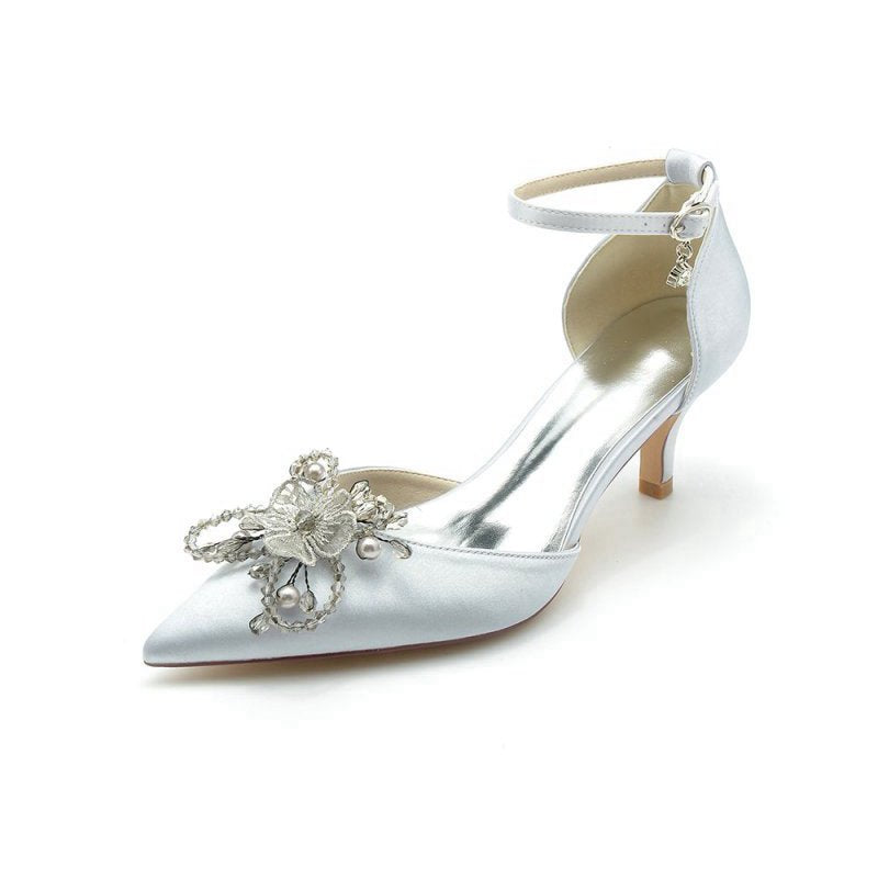 Floral Pointed Toe Beading Kitten Heels
