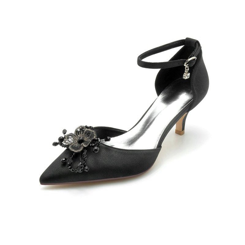 Floral Pointed Toe Beading Kitten Heels
