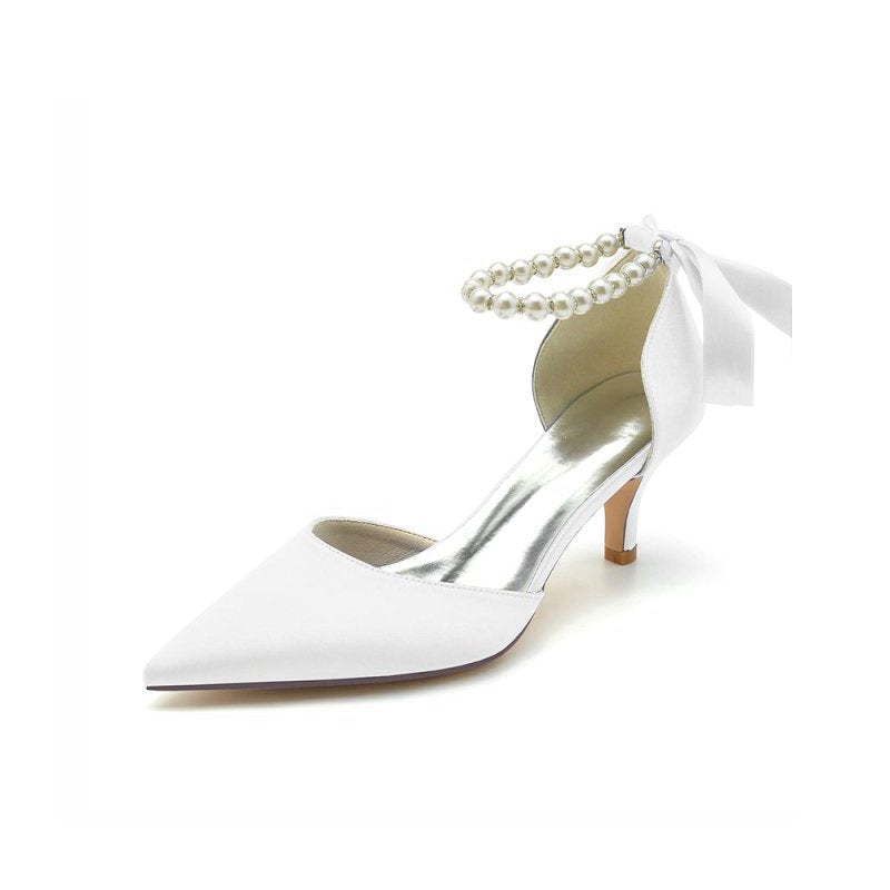 Pointed Toe Ribbons Faux Pearl Pumps