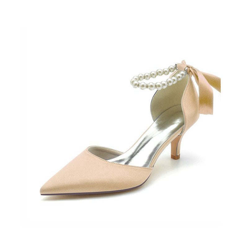 Pointed Toe Ribbons Faux Pearl Pumps