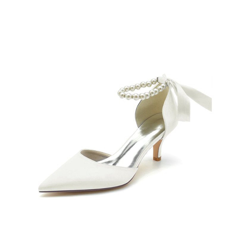 Pointed Toe Ribbons Faux Pearl Pumps