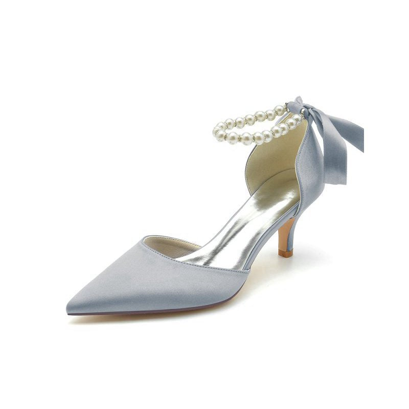 Pointed Toe Ribbons Faux Pearl Pumps