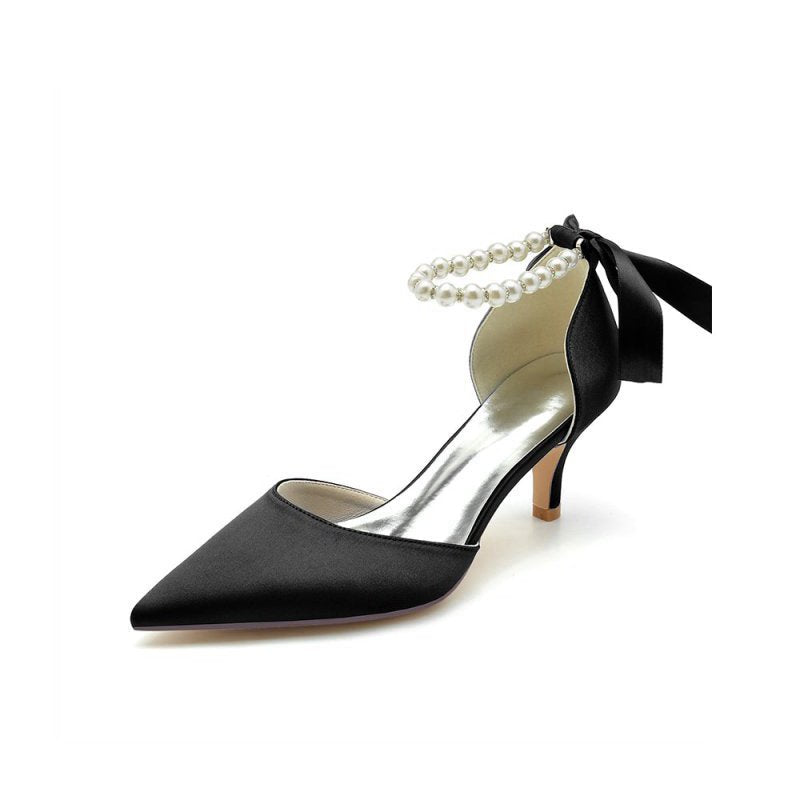 Pointed Toe Ribbons Faux Pearl Pumps