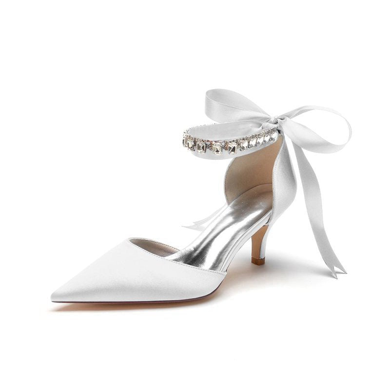 Pointed Toe Ribbons Kitten Heels With Diamond