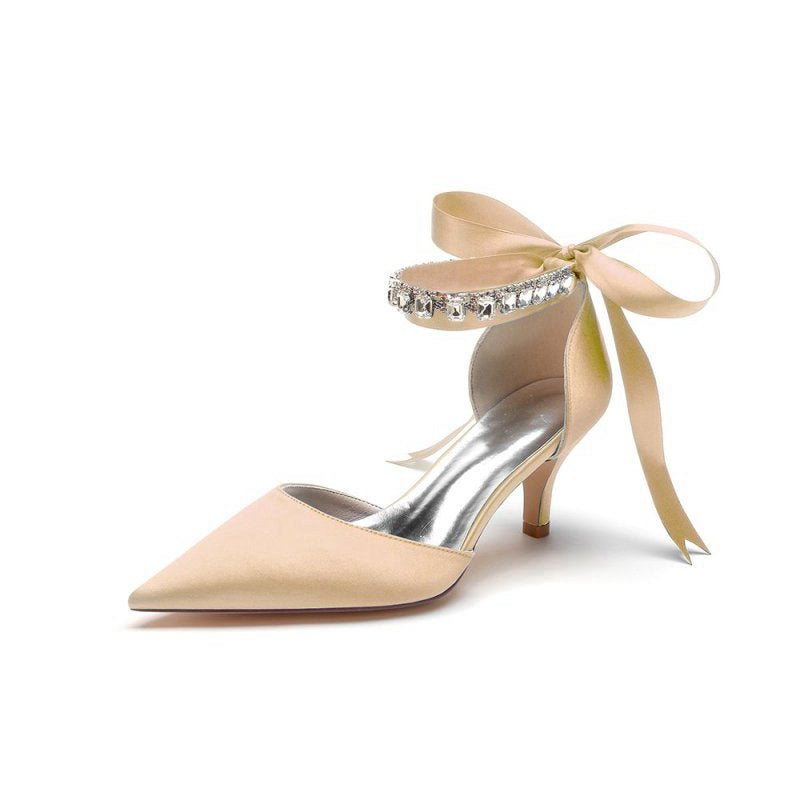 Pointed Toe Ribbons Kitten Heels With Diamond