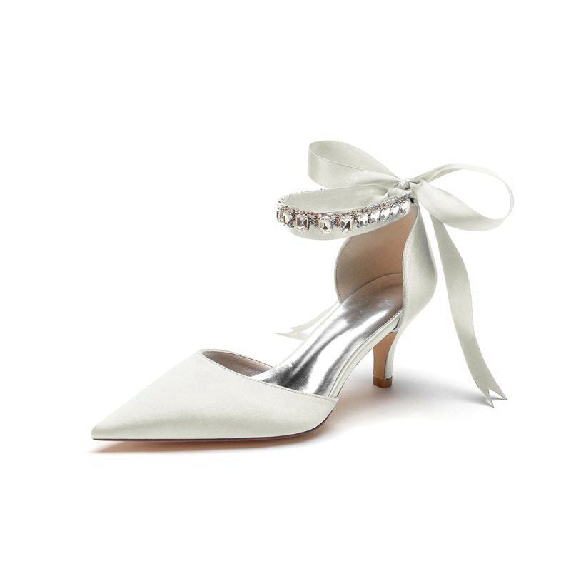 Pointed Toe Ribbons Kitten Heels With Diamond