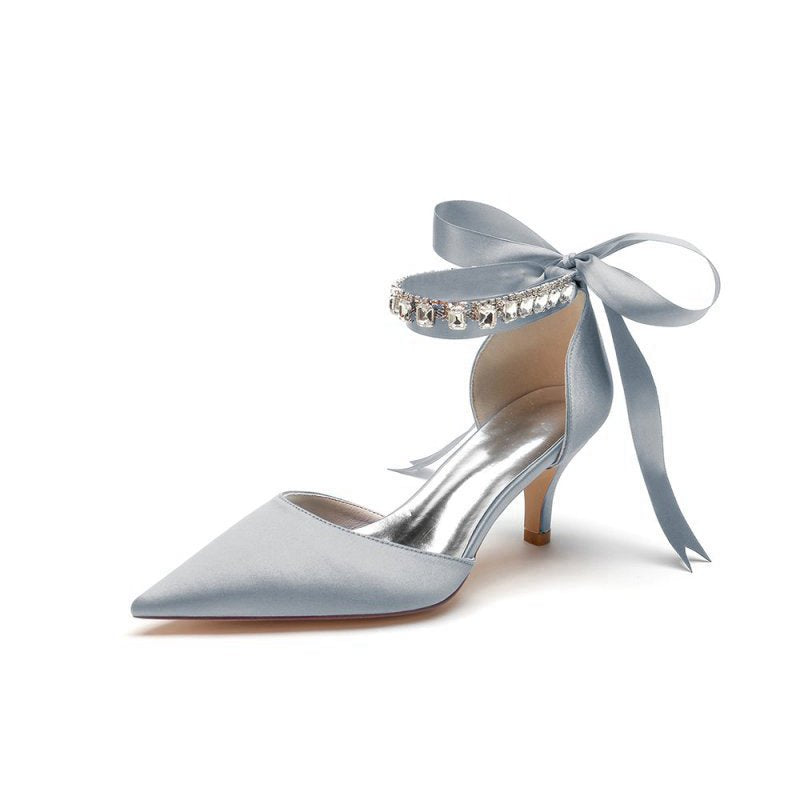 Pointed Toe Ribbons Kitten Heels With Diamond