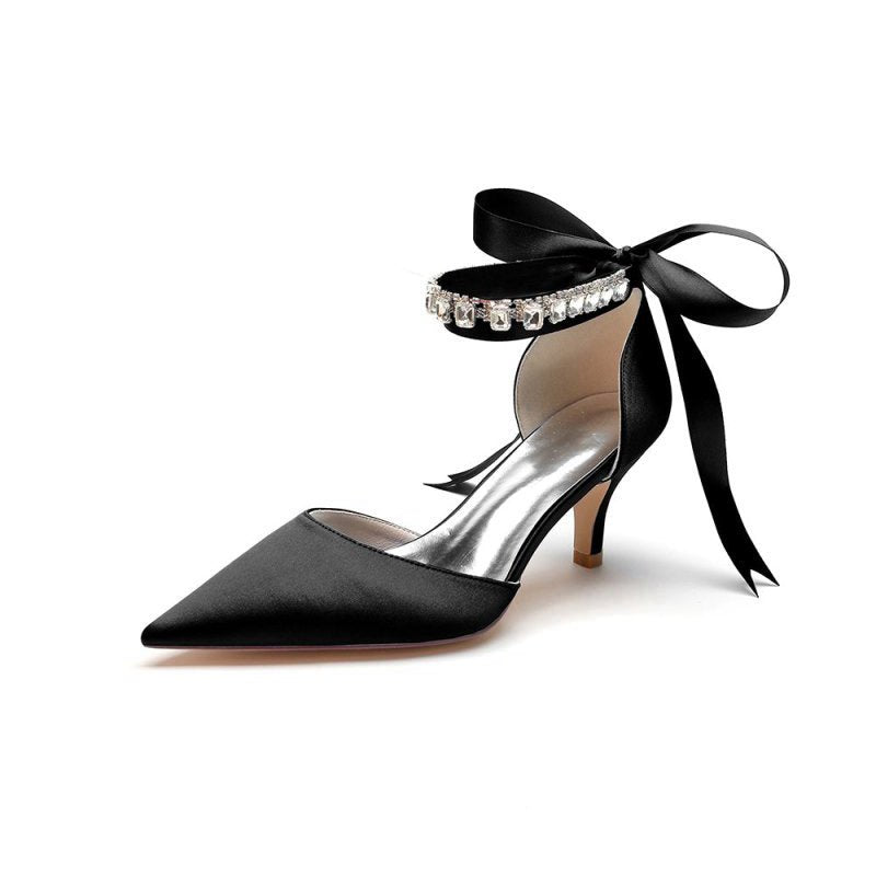Pointed Toe Ribbons Kitten Heels With Diamond
