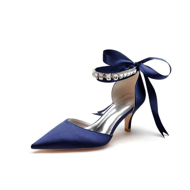 Pointed Toe Ribbons Kitten Heels With Diamond