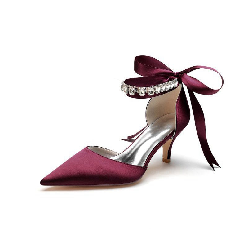 Pointed Toe Ribbons Kitten Heels With Diamond