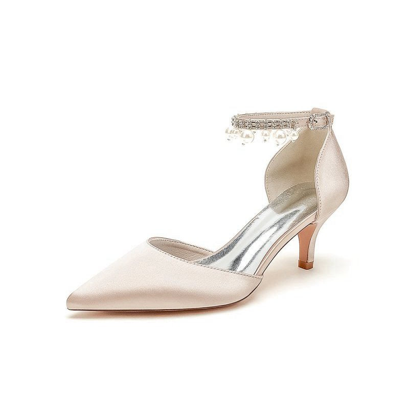 Pointed Toe Pearl Strap Kitten Heels