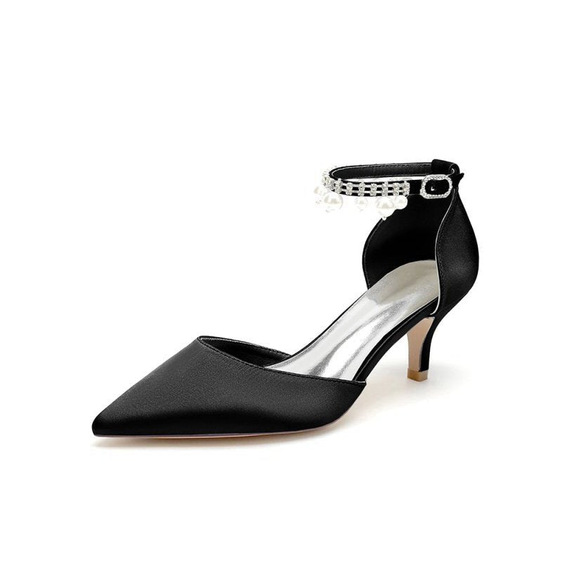 Pointed Toe Pearl Strap Kitten Heels