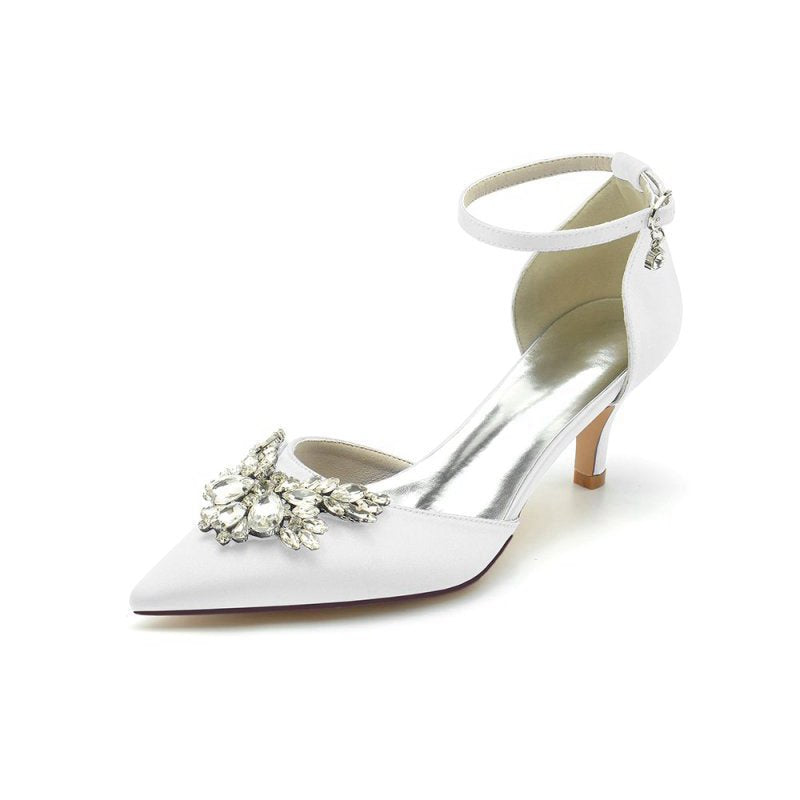 Pointed Toe Satin Kitten Heels With Rhinestone