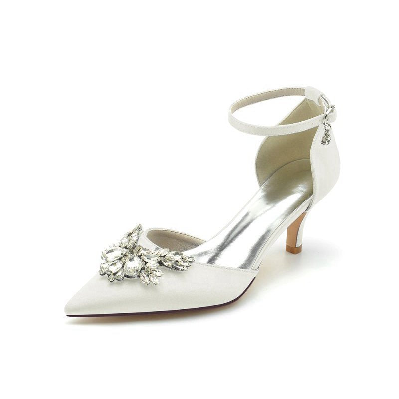 Pointed Toe Satin Kitten Heels With Rhinestone