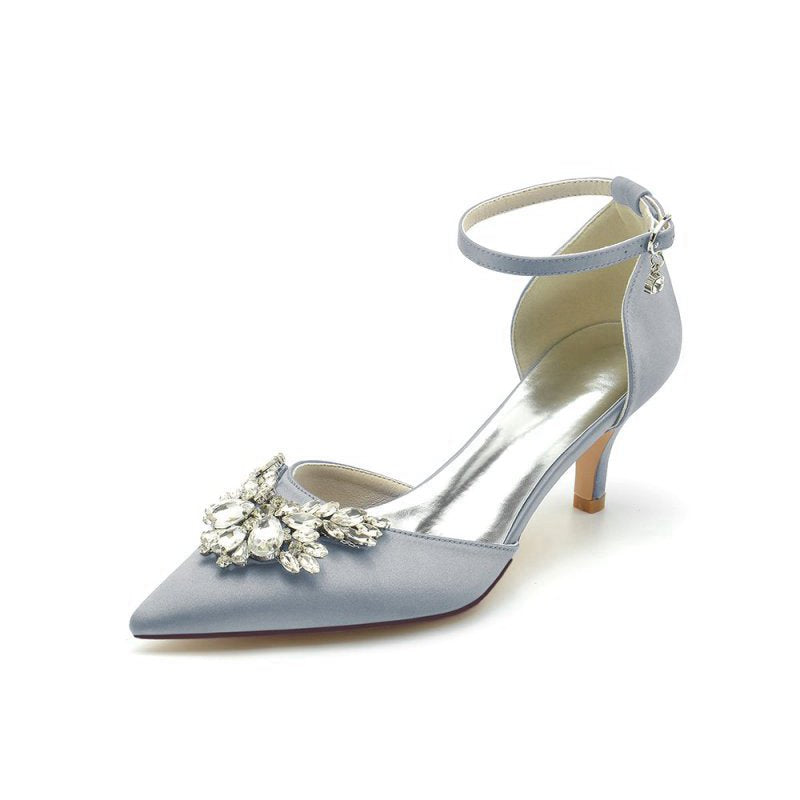 Pointed Toe Satin Kitten Heels With Rhinestone