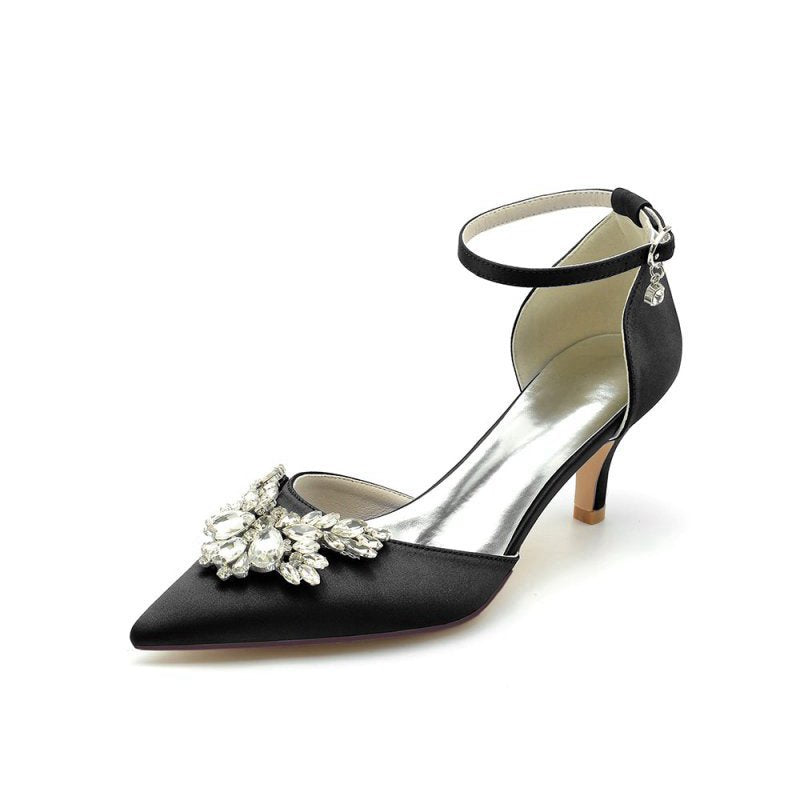 Pointed Toe Satin Kitten Heels With Rhinestone