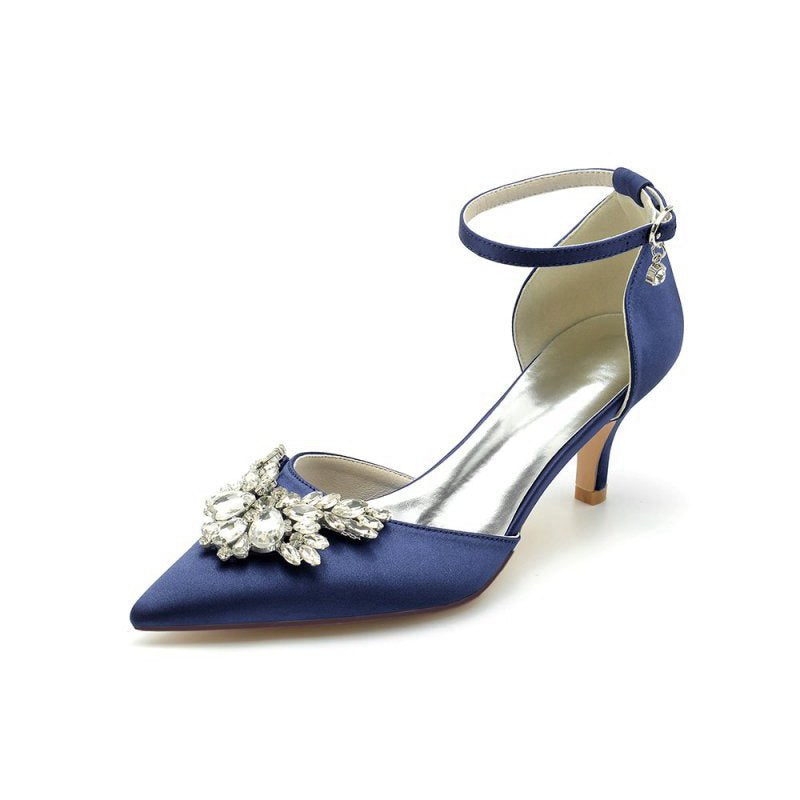 Pointed Toe Satin Kitten Heels With Rhinestone