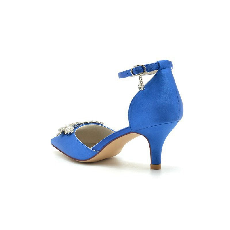 Pointed Toe Satin Kitten Heels With Rhinestone