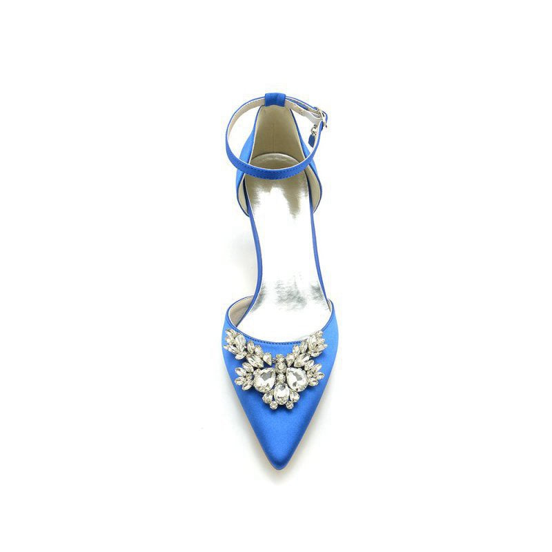 Pointed Toe Satin Kitten Heels With Rhinestone