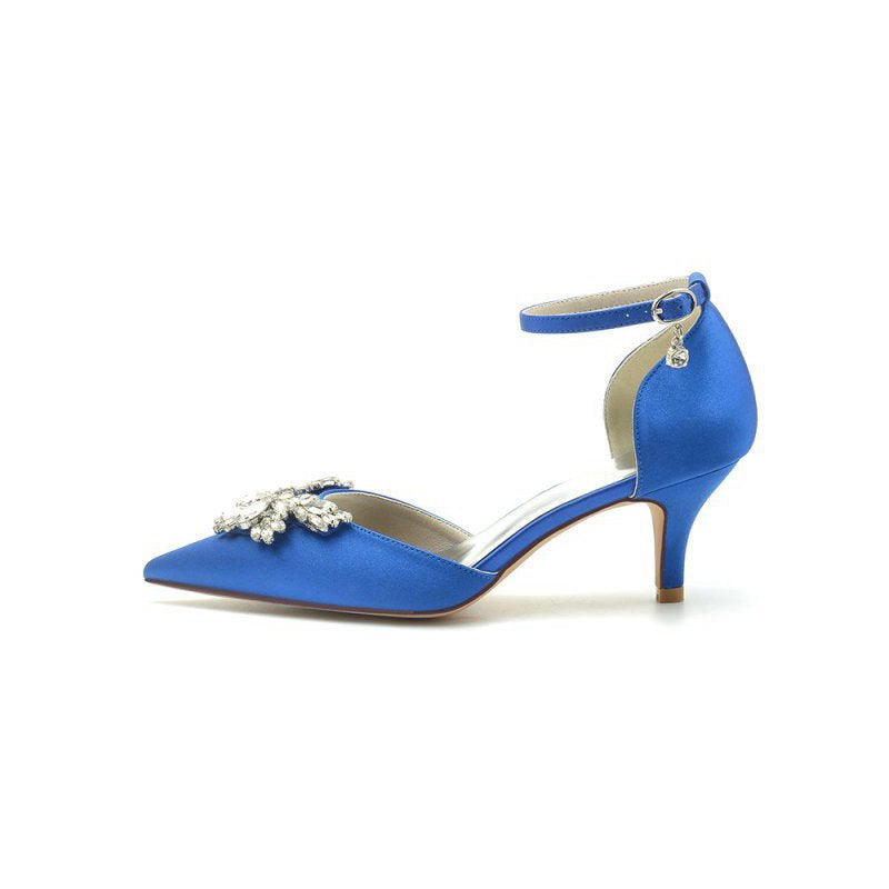 Pointed Toe Satin Kitten Heels With Rhinestone