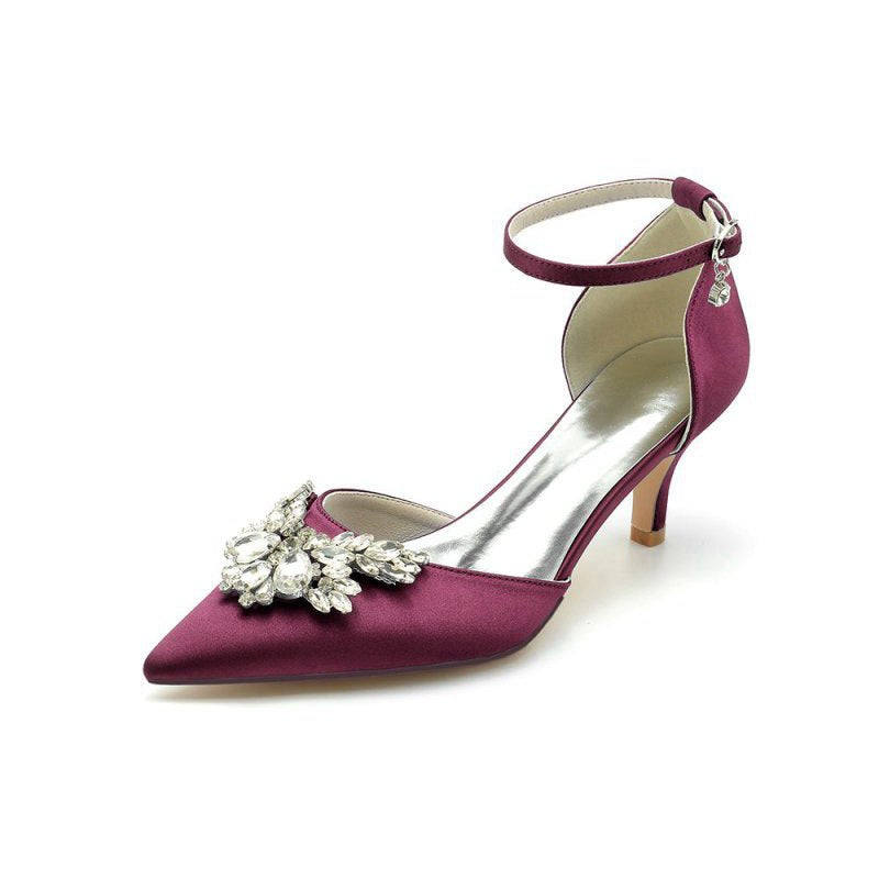Pointed Toe Satin Kitten Heels With Rhinestone