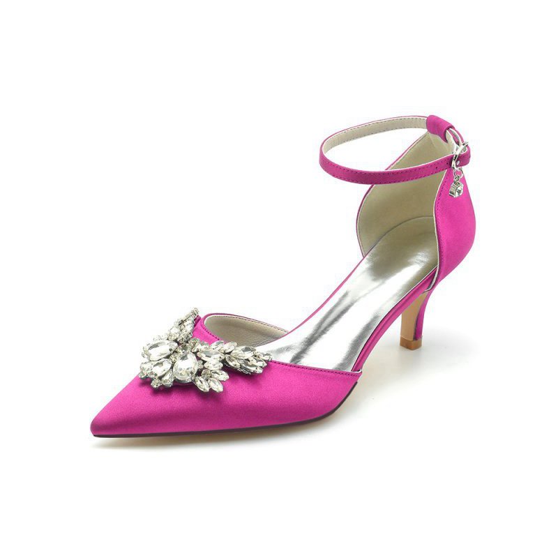 Pointed Toe Satin Kitten Heels With Rhinestone