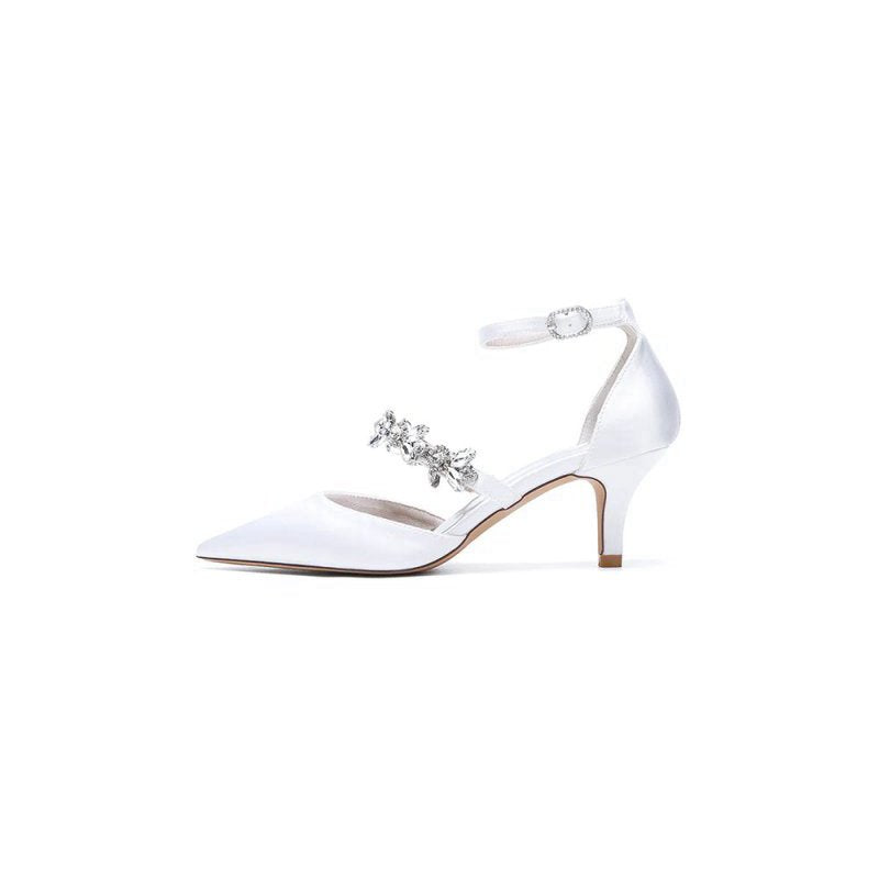 Crystal Strap Pointed Toe Satin Kitten Heels