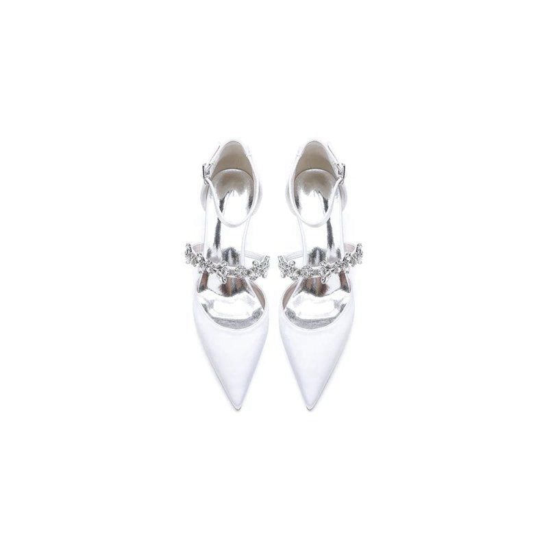 Crystal Strap Pointed Toe Satin Kitten Heels