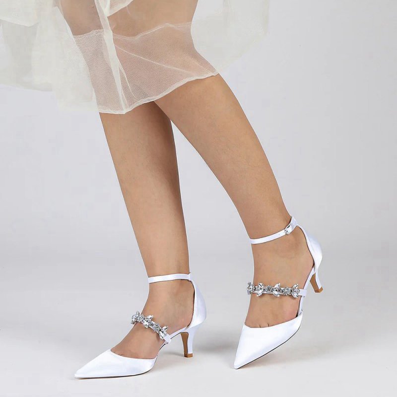 Crystal Strap Pointed Toe Satin Kitten Heels
