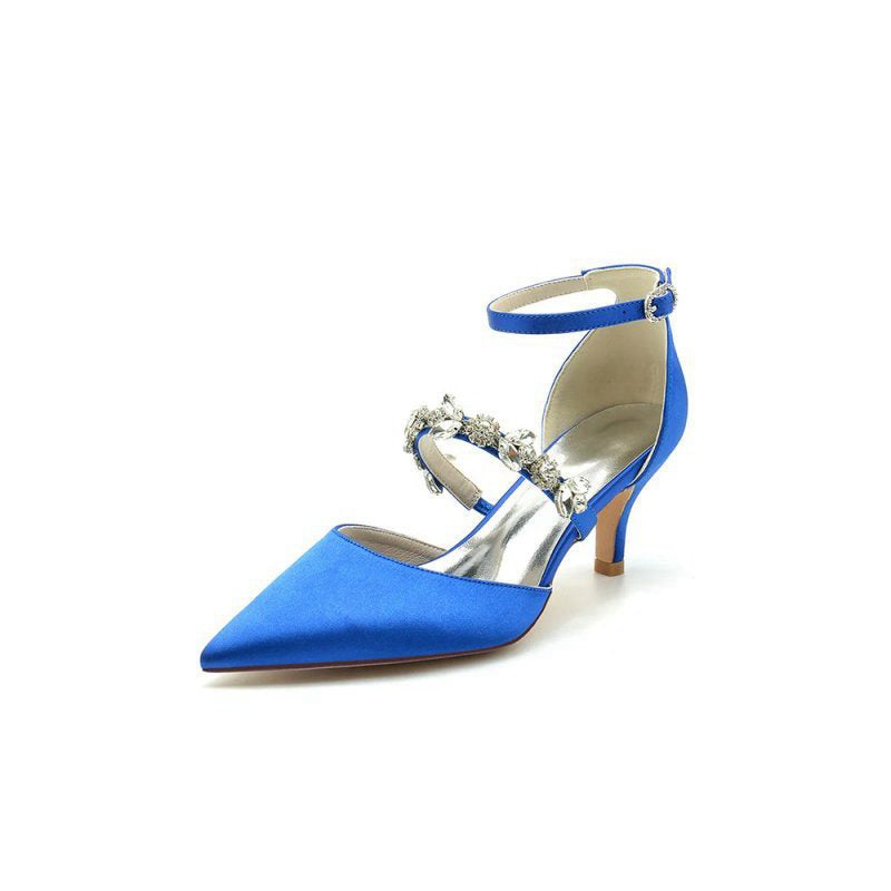 Crystal Strap Pointed Toe Satin Kitten Heels