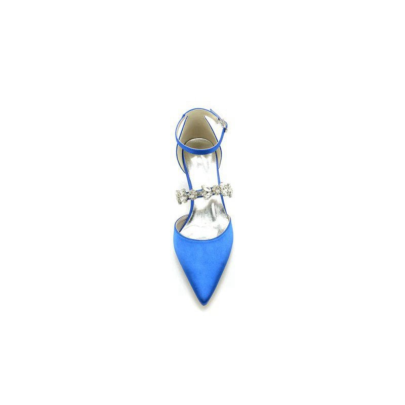 Crystal Strap Pointed Toe Satin Kitten Heels