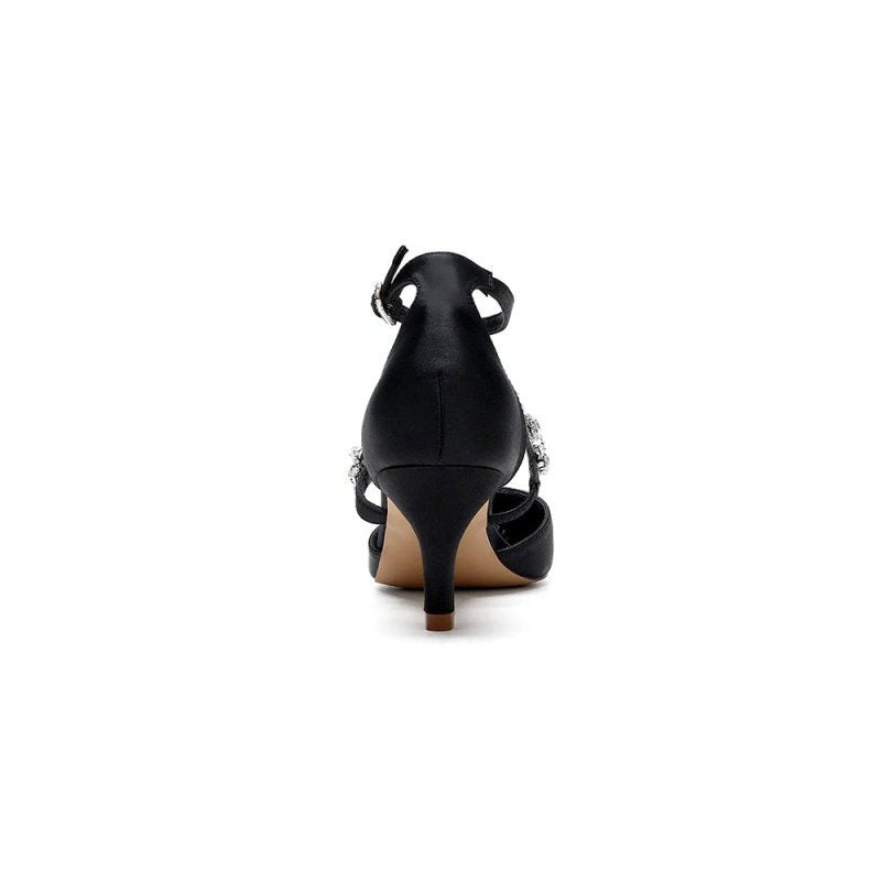 Crystal Strap Pointed Toe Satin Kitten Heels
