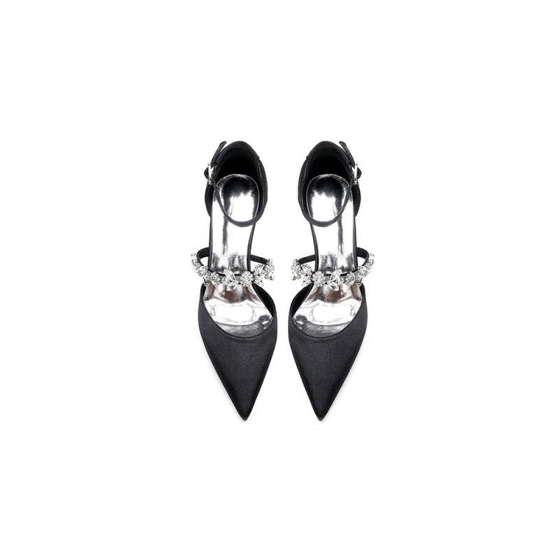 Crystal Strap Pointed Toe Satin Kitten Heels