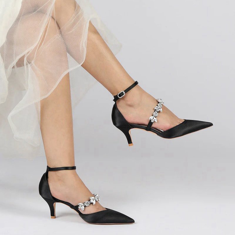Crystal Strap Pointed Toe Satin Kitten Heels