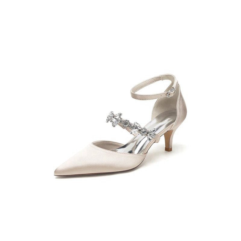 Crystal Strap Pointed Toe Satin Kitten Heels