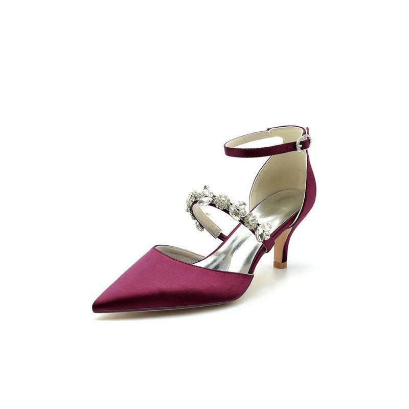 Crystal Strap Pointed Toe Satin Kitten Heels