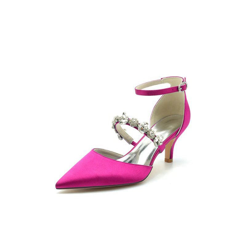 Crystal Strap Pointed Toe Satin Kitten Heels