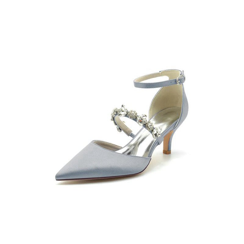 Crystal Strap Pointed Toe Satin Kitten Heels