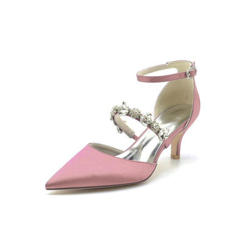 Crystal Strap Pointed Toe Satin Kitten Heels