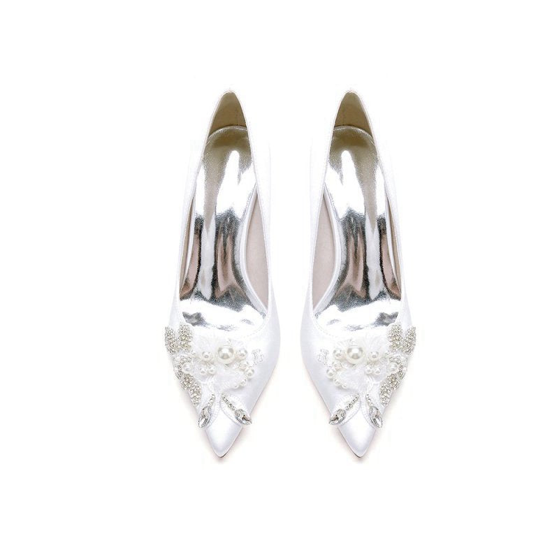 Floral Beading Pointed Toe Satin Kitten Heels