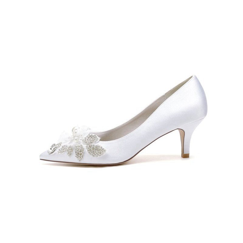 Floral Beading Pointed Toe Satin Kitten Heels