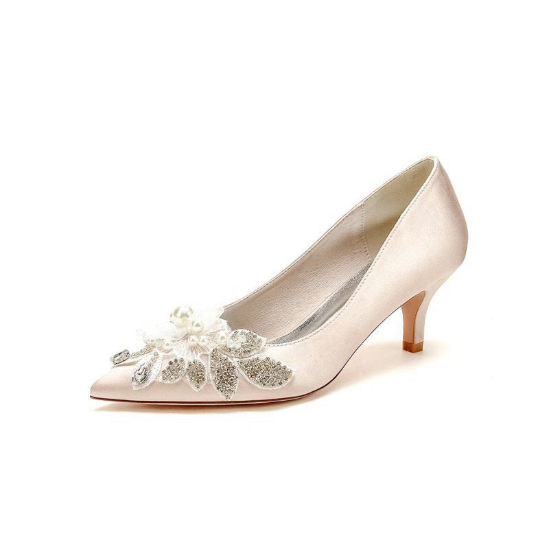Floral Beading Pointed Toe Satin Kitten Heels