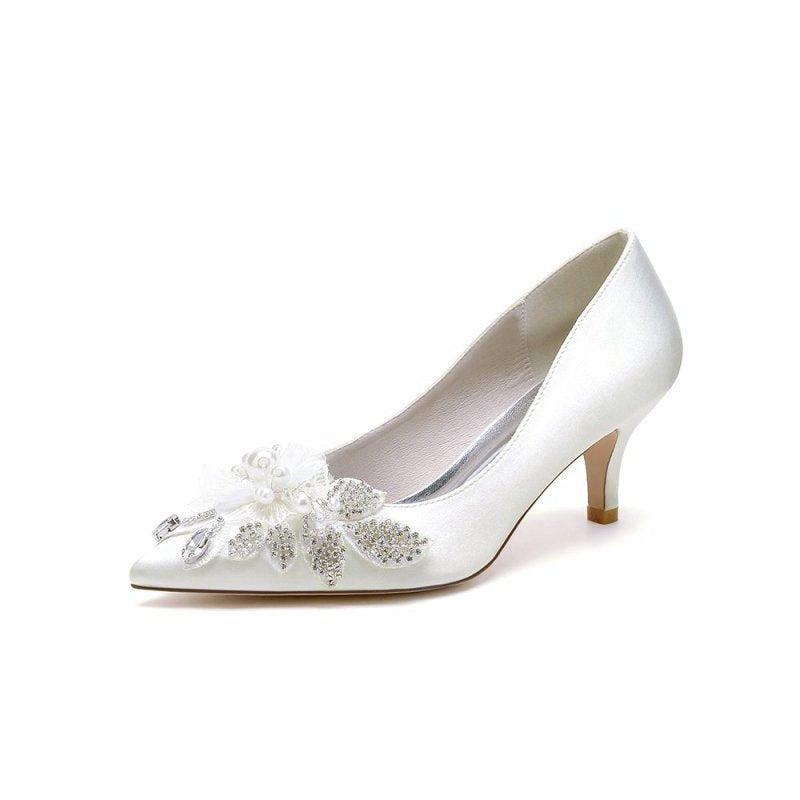 Floral Beading Pointed Toe Satin Kitten Heels