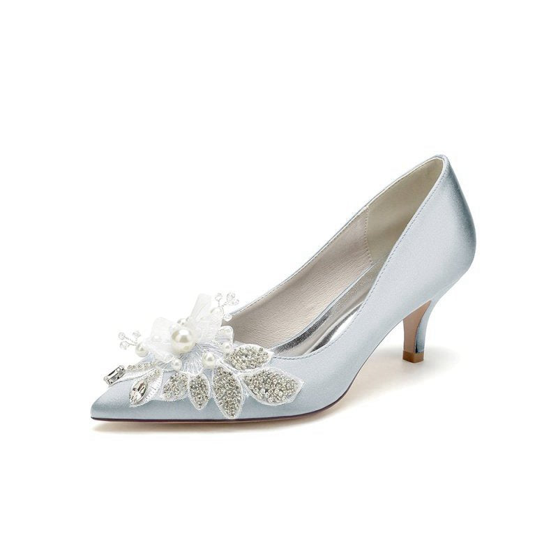 Floral Beading Pointed Toe Satin Kitten Heels