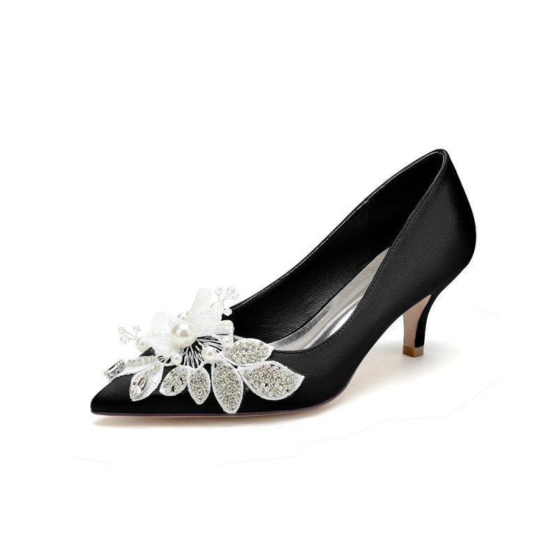 Floral Beading Pointed Toe Satin Kitten Heels