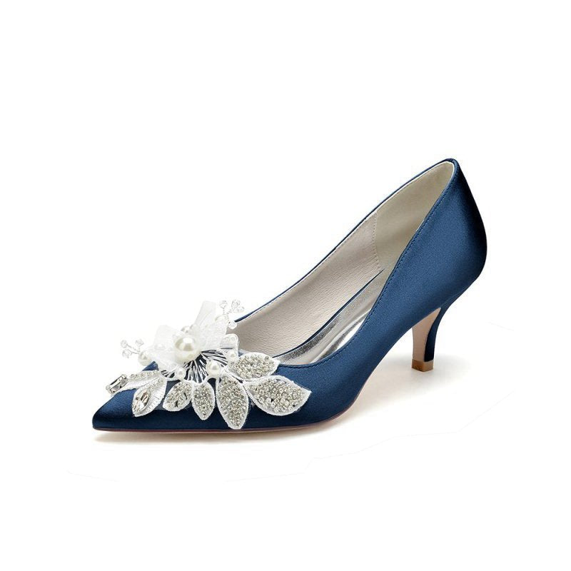 Floral Beading Pointed Toe Satin Kitten Heels