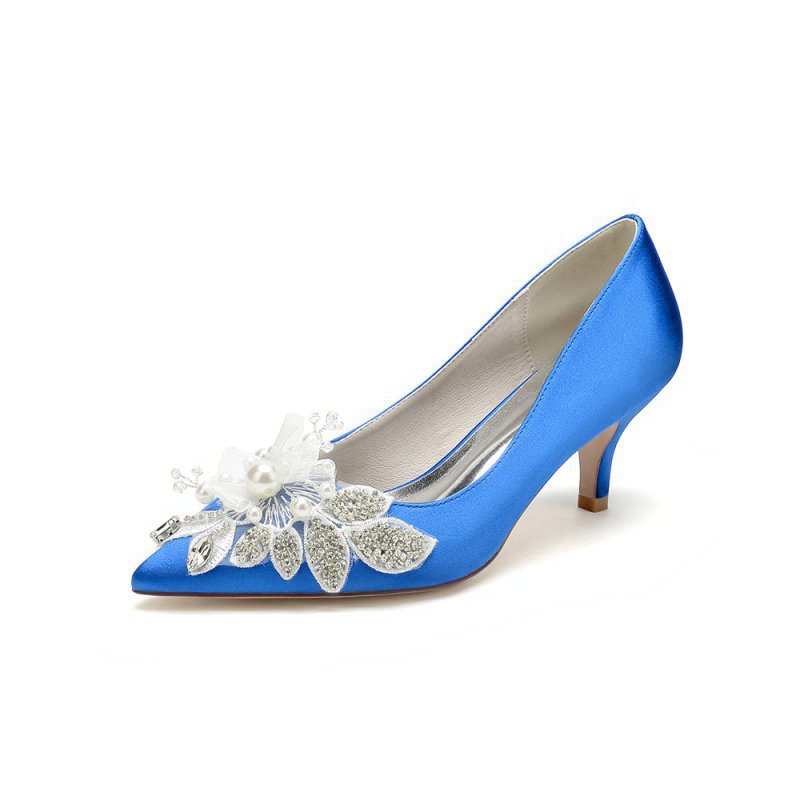 Floral Beading Pointed Toe Satin Kitten Heels